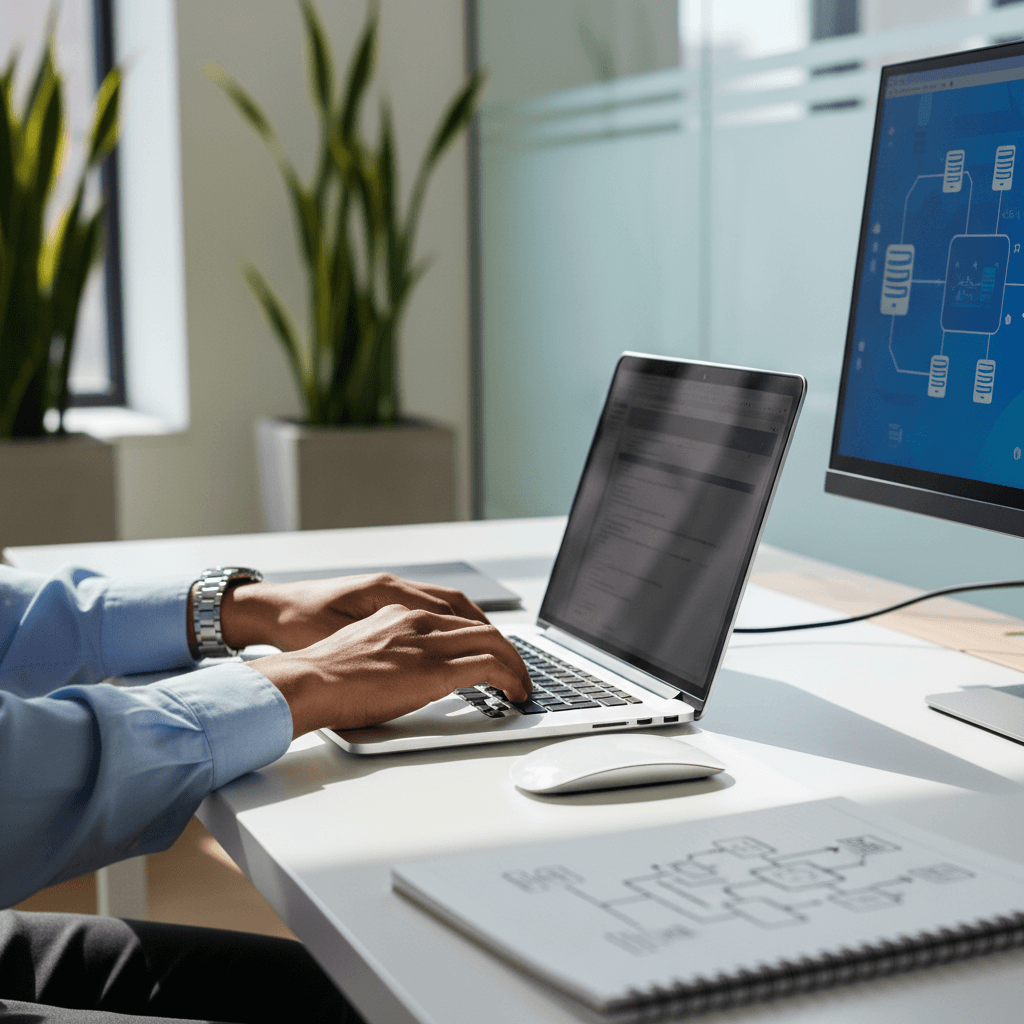 IT consultant's hands typing on laptop keyboard with network diagrams displayed on monitors in bright office